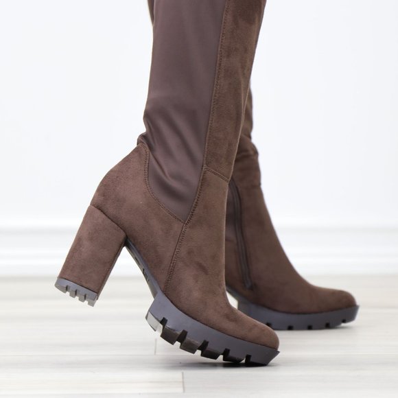 Brown Thigh High Over The Knee Lug Block Heel Boots Faux Suede Round Toe - Picture 6 of 16